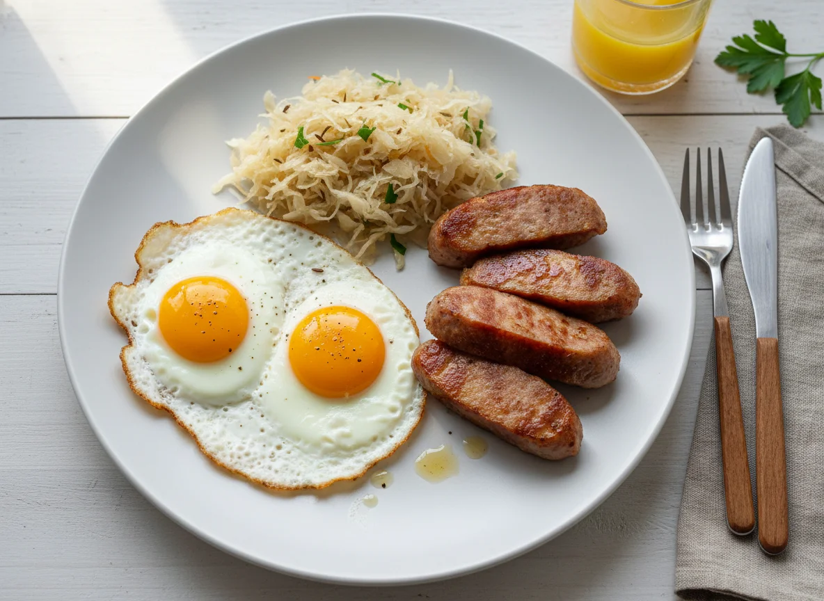 Breakfast Plate with Eggs, Sausage, and Sauerkraut photo