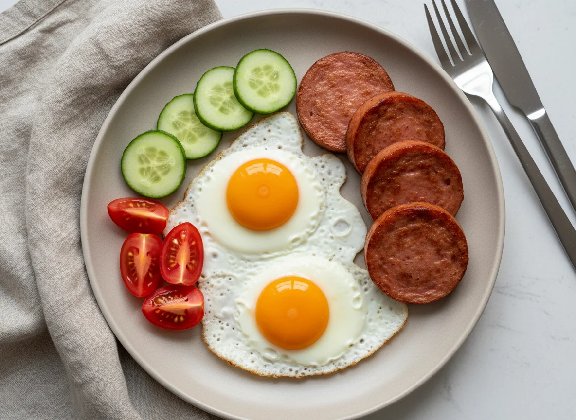 Breakfast Plate with Eggs, Sausage, and Vegetables photo