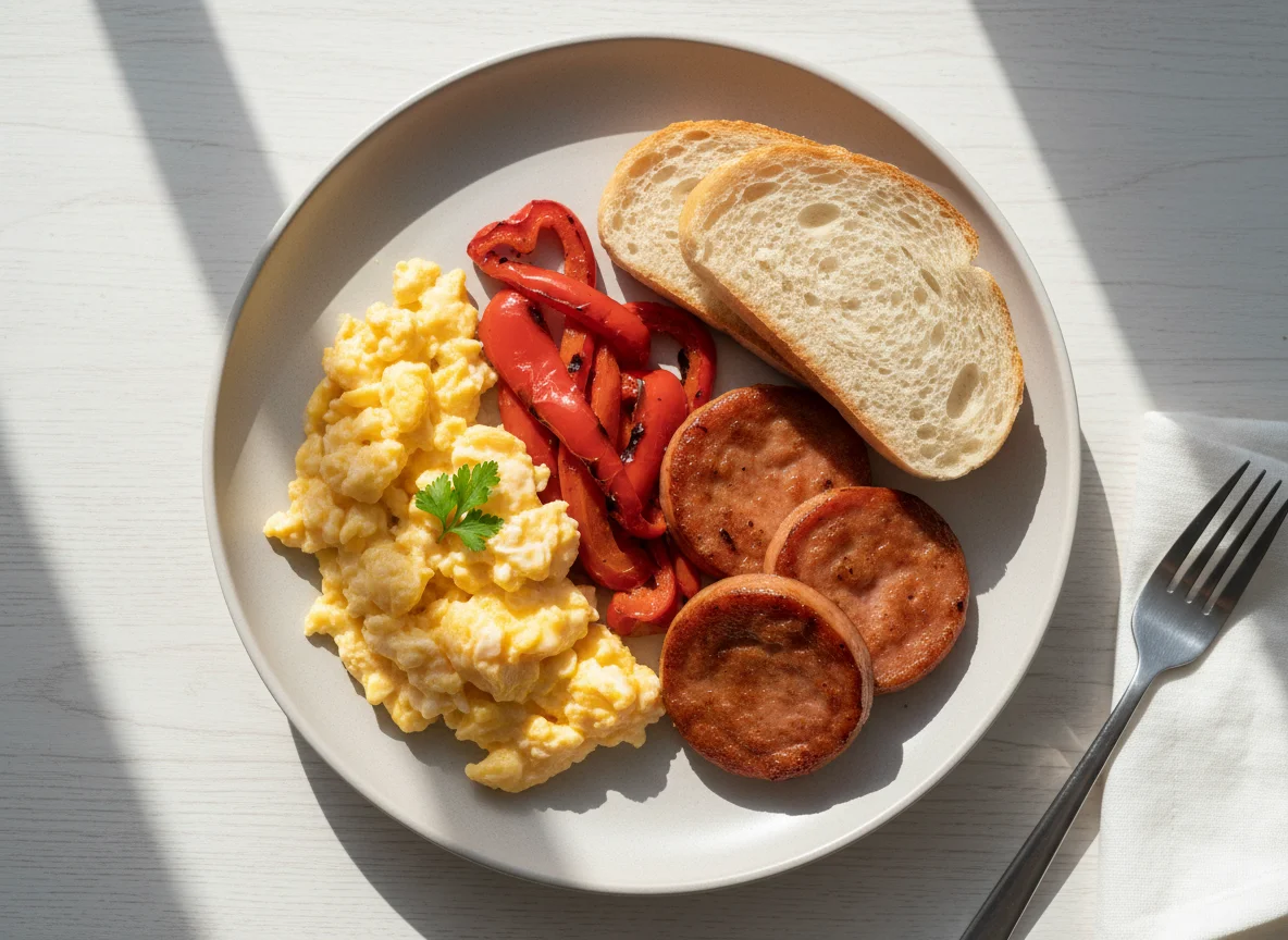 Breakfast plate with eggs, sausage, bell pepper, and bread photo