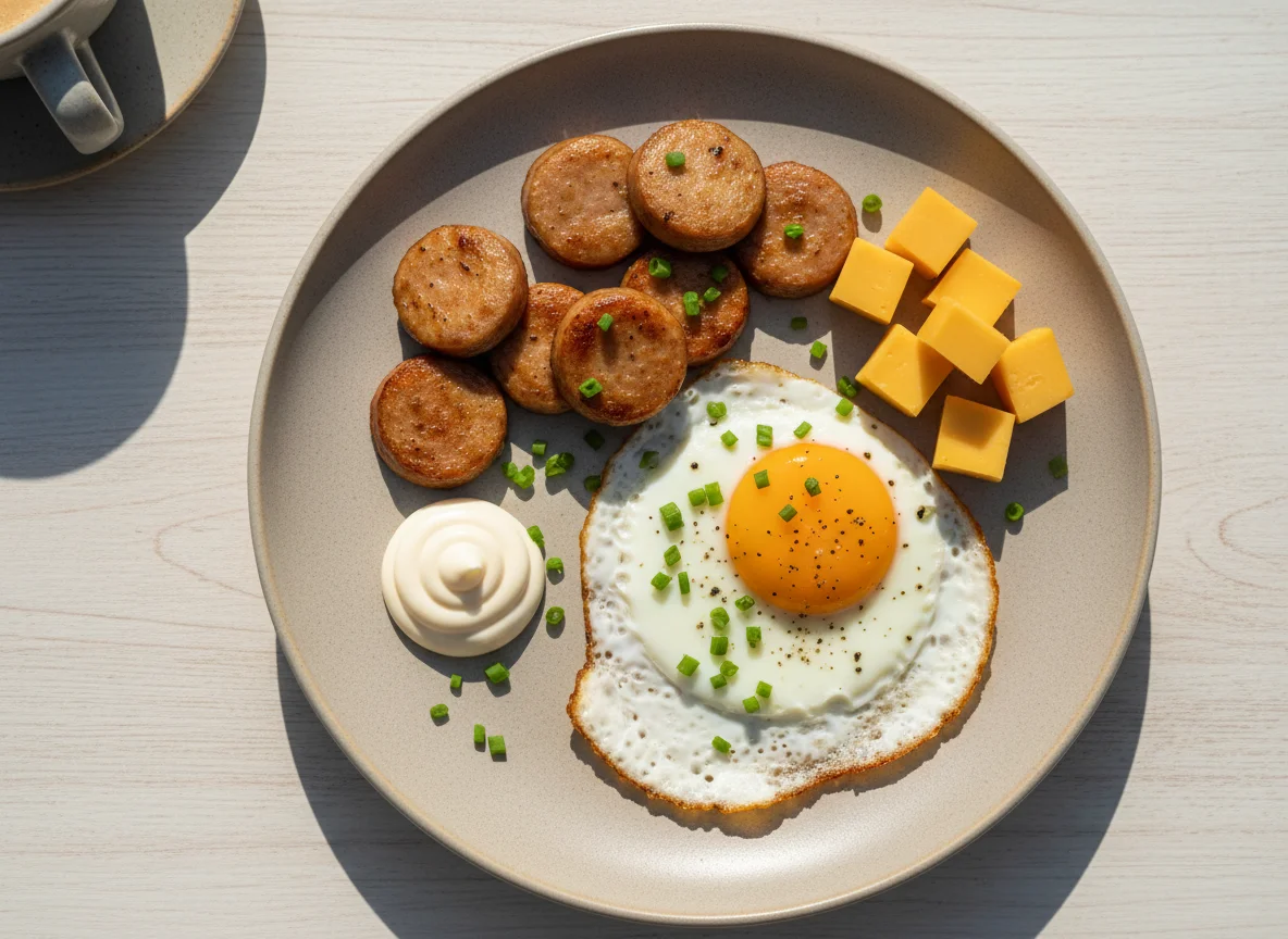Breakfast Plate with Eggs, Sausage, Cheese, and Mayonnaise photo