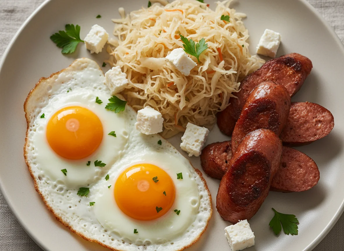 Breakfast Plate with Eggs, Sausage, Sauerkraut, and Cheese photo