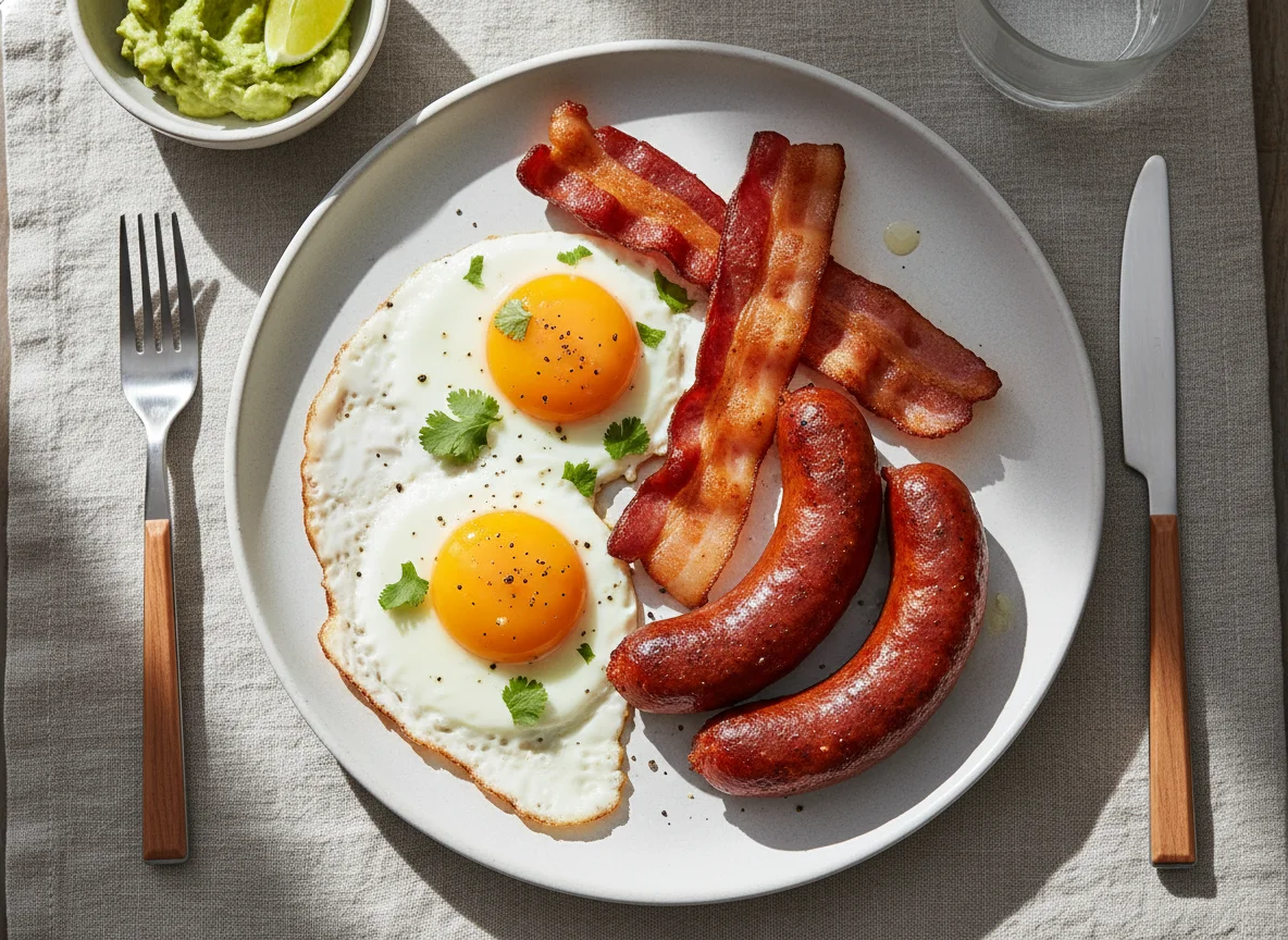 Breakfast plate with eggs, sausages, and bacon photo