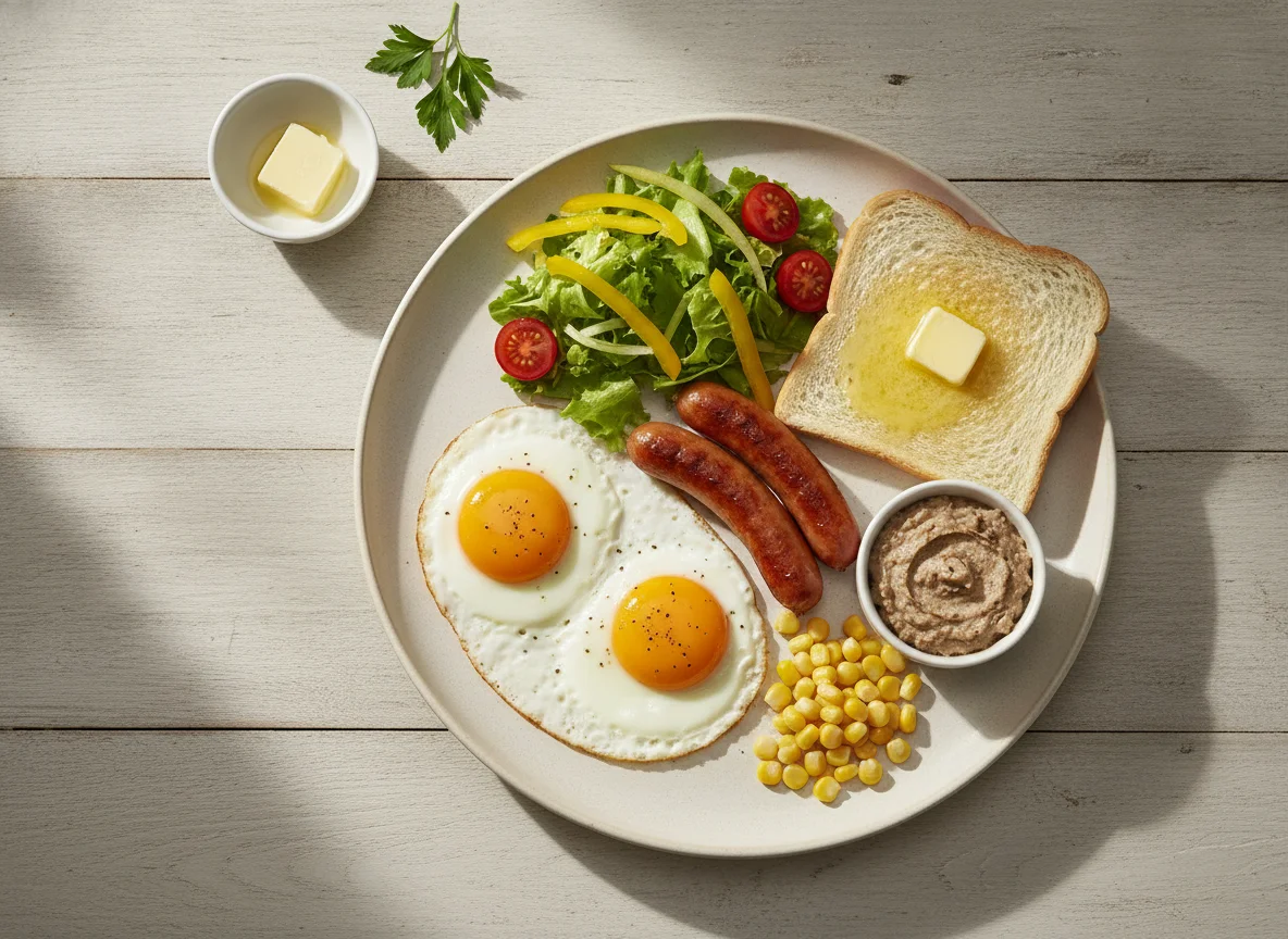 Breakfast plate with eggs, sausages, and bread photo