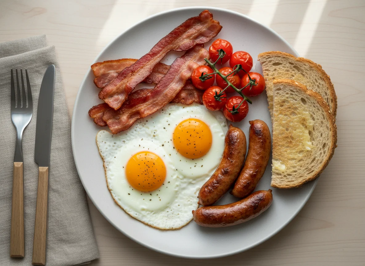 Breakfast plate with eggs, sausages, bacon, toast, and tomatoes photo