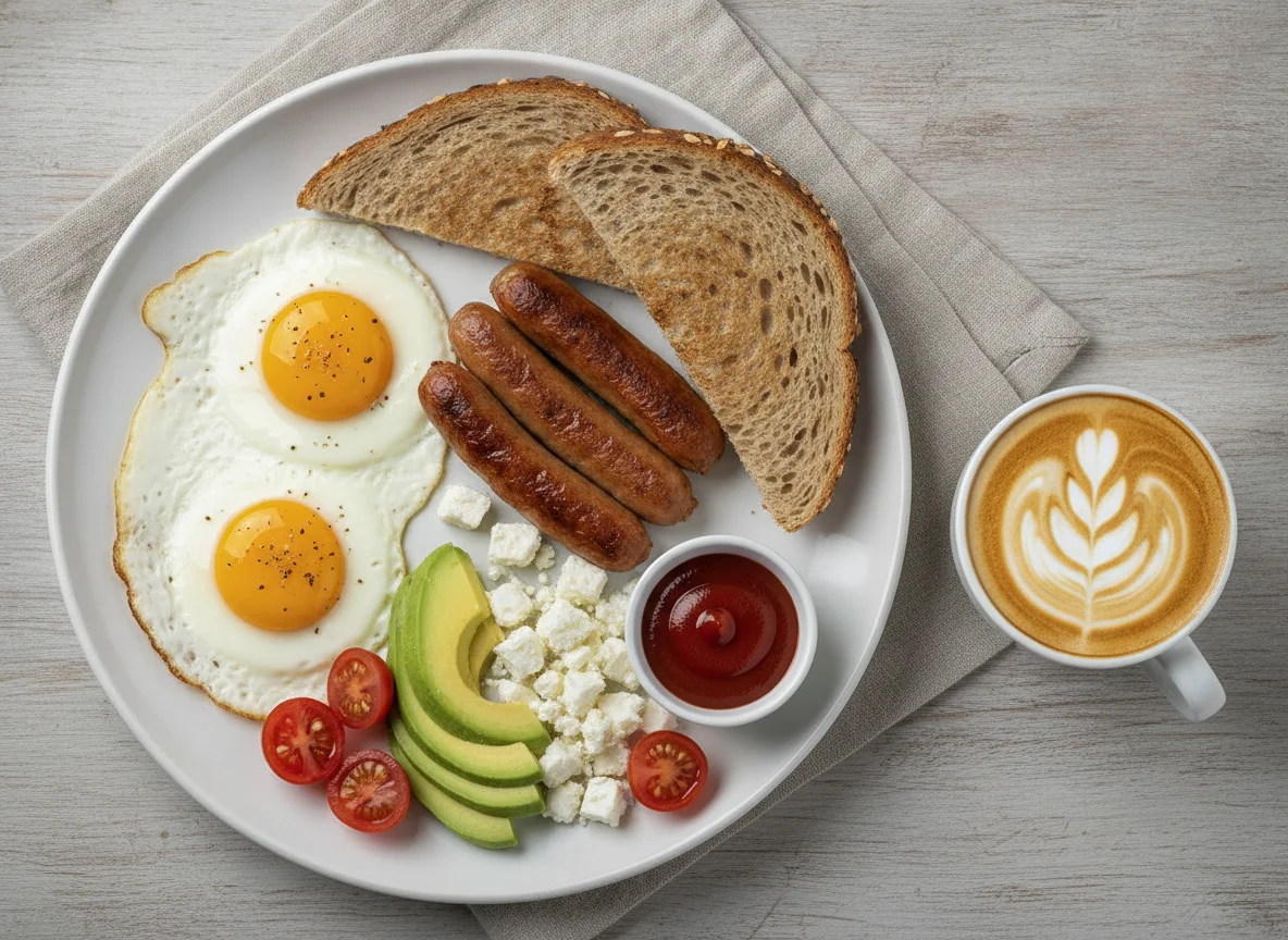 Breakfast plate with eggs, sausages, toast, and avocado photo