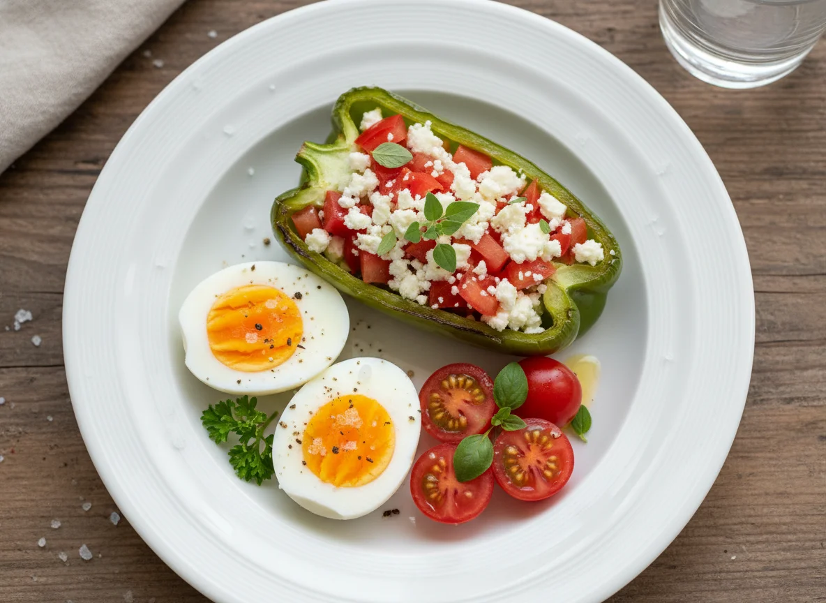 Breakfast Plate with Eggs, Stuffed Bell Pepper, and Tomatoes photo