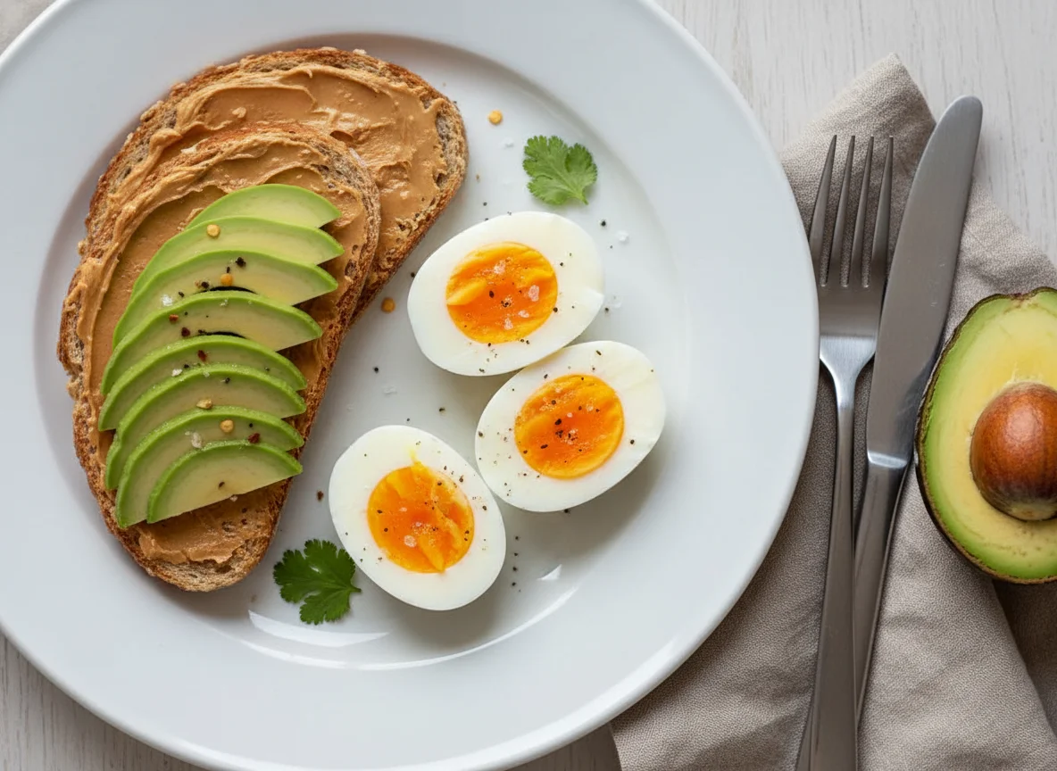 Breakfast plate with eggs, toast, and avocado photo