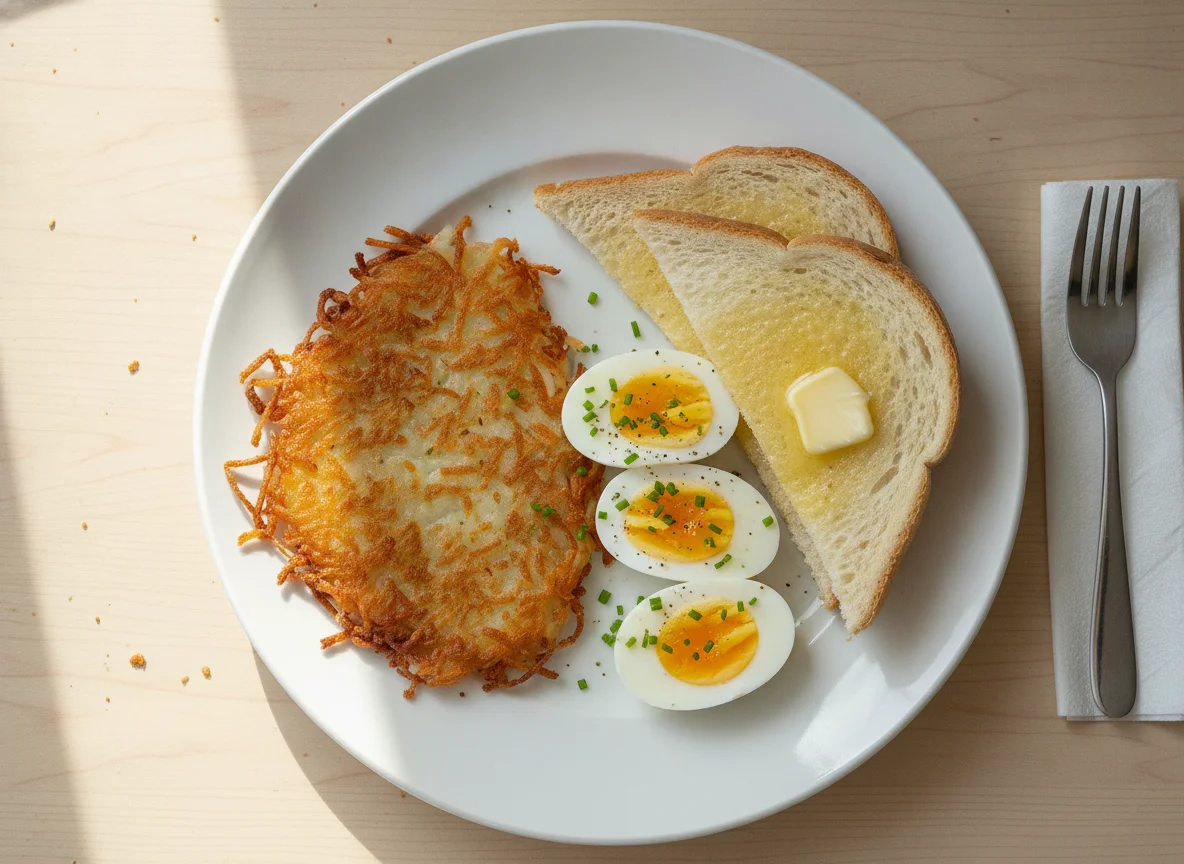 Breakfast plate with eggs, toast, and hash browns photo