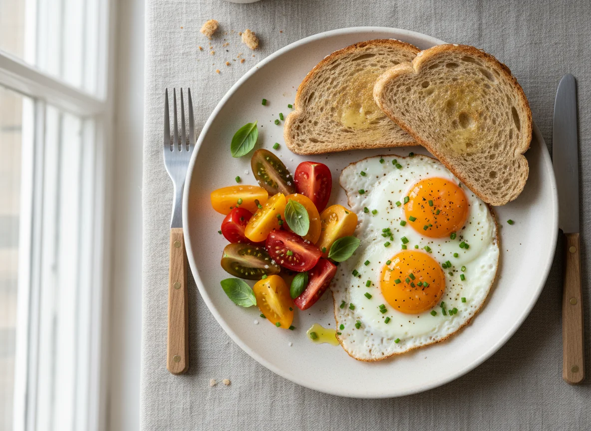 Breakfast Plate with Eggs, Toast, and Tomatoes photo