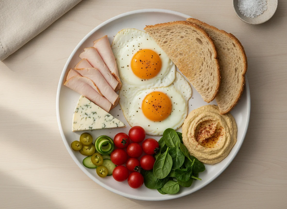 Breakfast plate with eggs, toast, and turkey photo