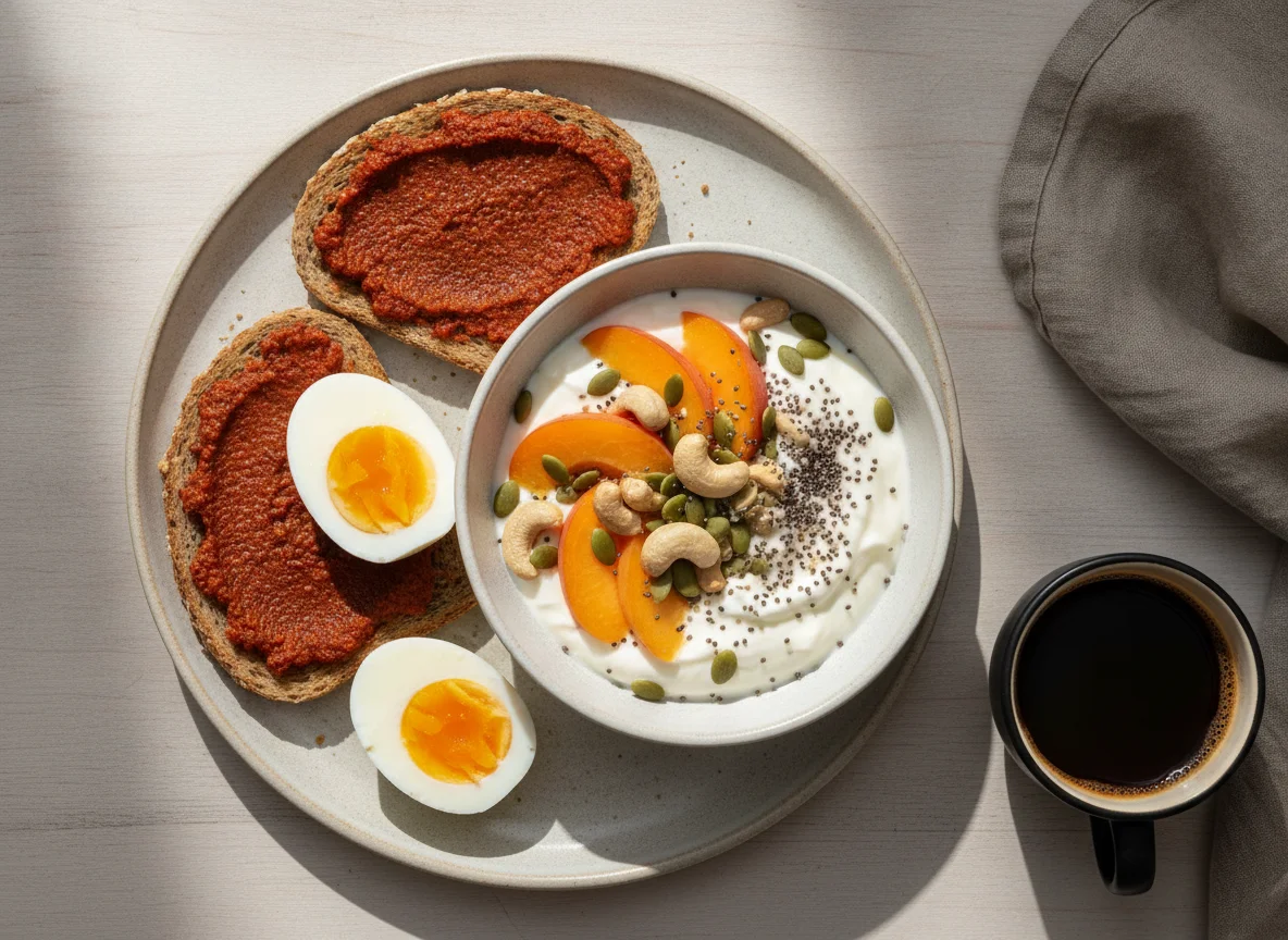 Breakfast plate with eggs, toast, and yogurt bowl photo