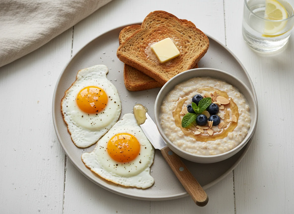 Breakfast plate with eggs, toast, butter, and porridge photo