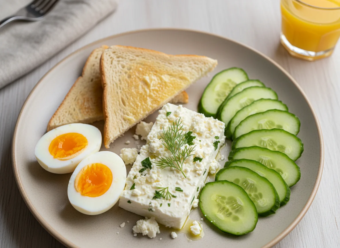 Breakfast Plate with Eggs, Toast, Cheese, and Cucumber photo