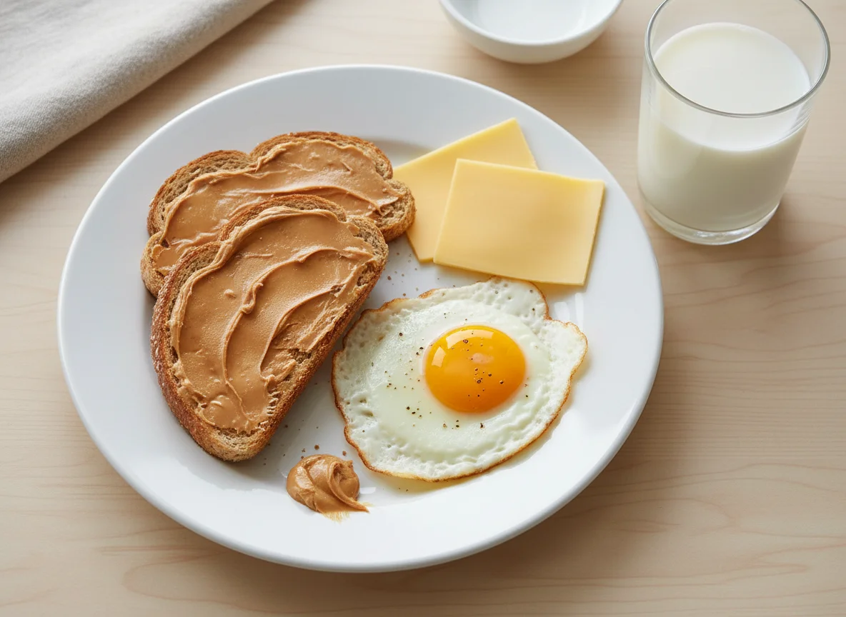 Breakfast Plate with Eggs, Toast, Cheese, and Milk photo