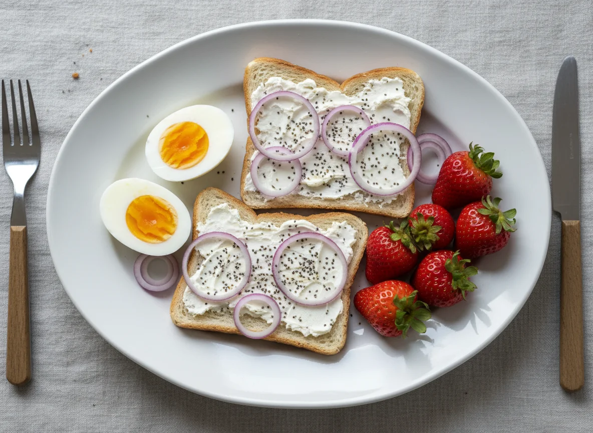 Breakfast Plate with Eggs, Toast, Cheese, Onions and Strawberries photo