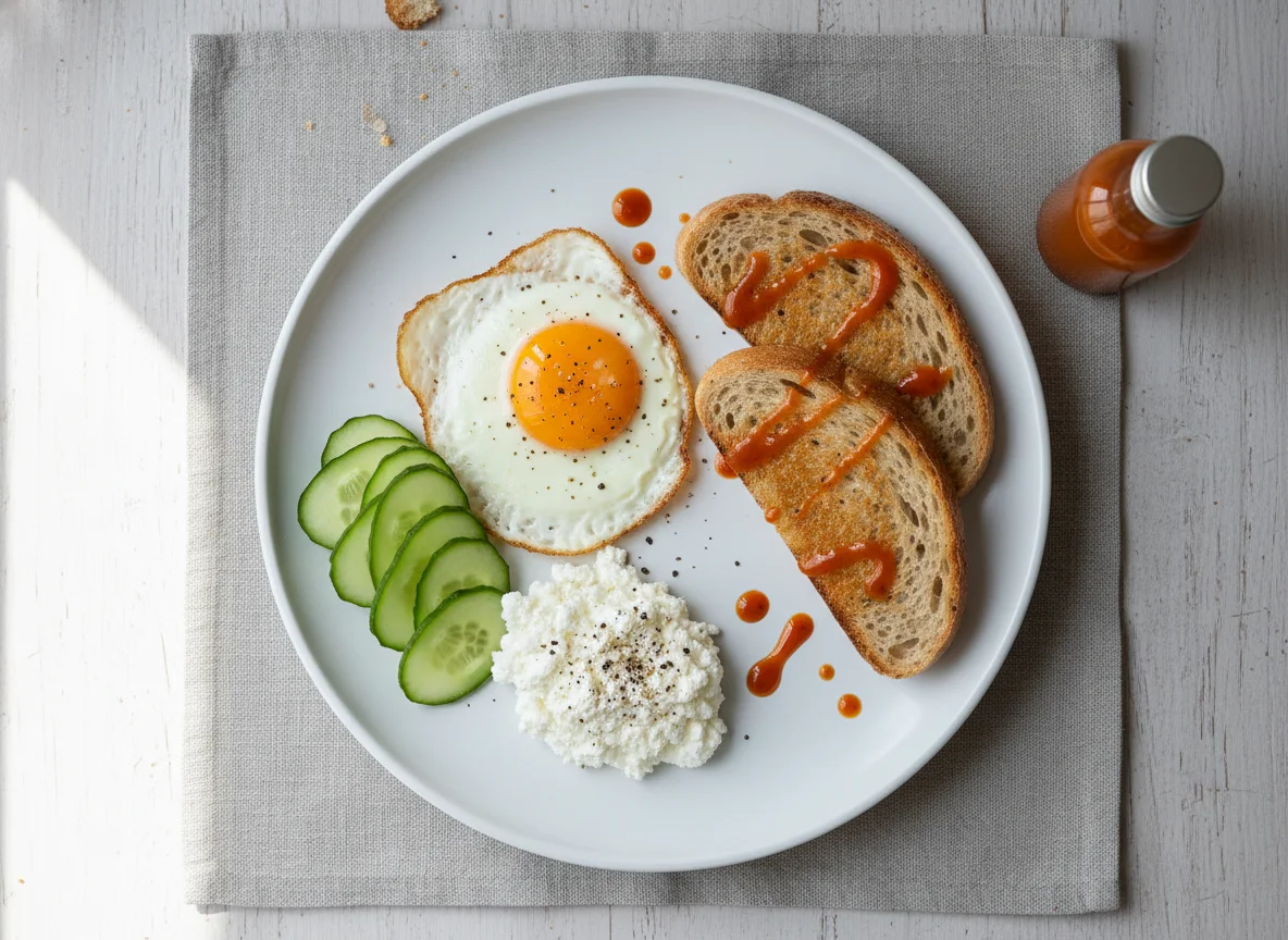 Breakfast Plate with Eggs, Toast, Cottage Cheese, and Cucumber photo