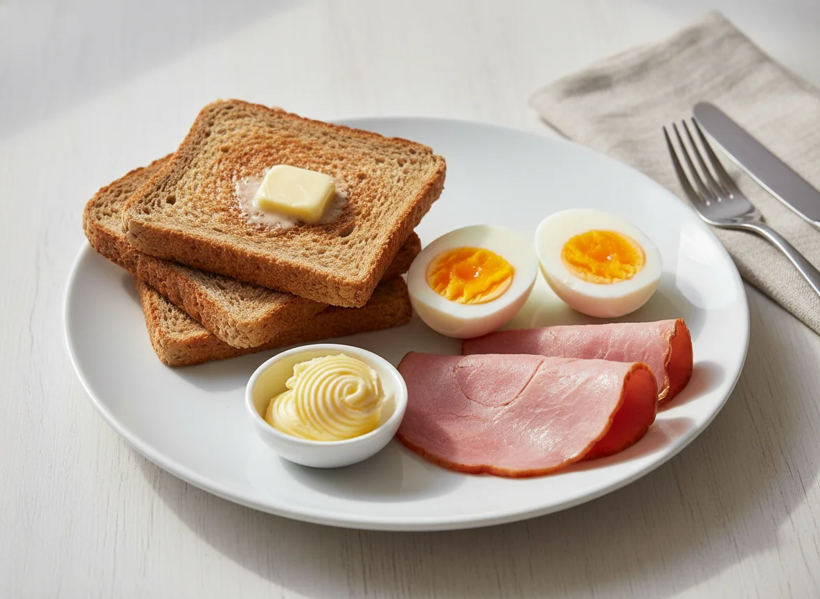 Breakfast plate with eggs, toast, ham, and butter photo
