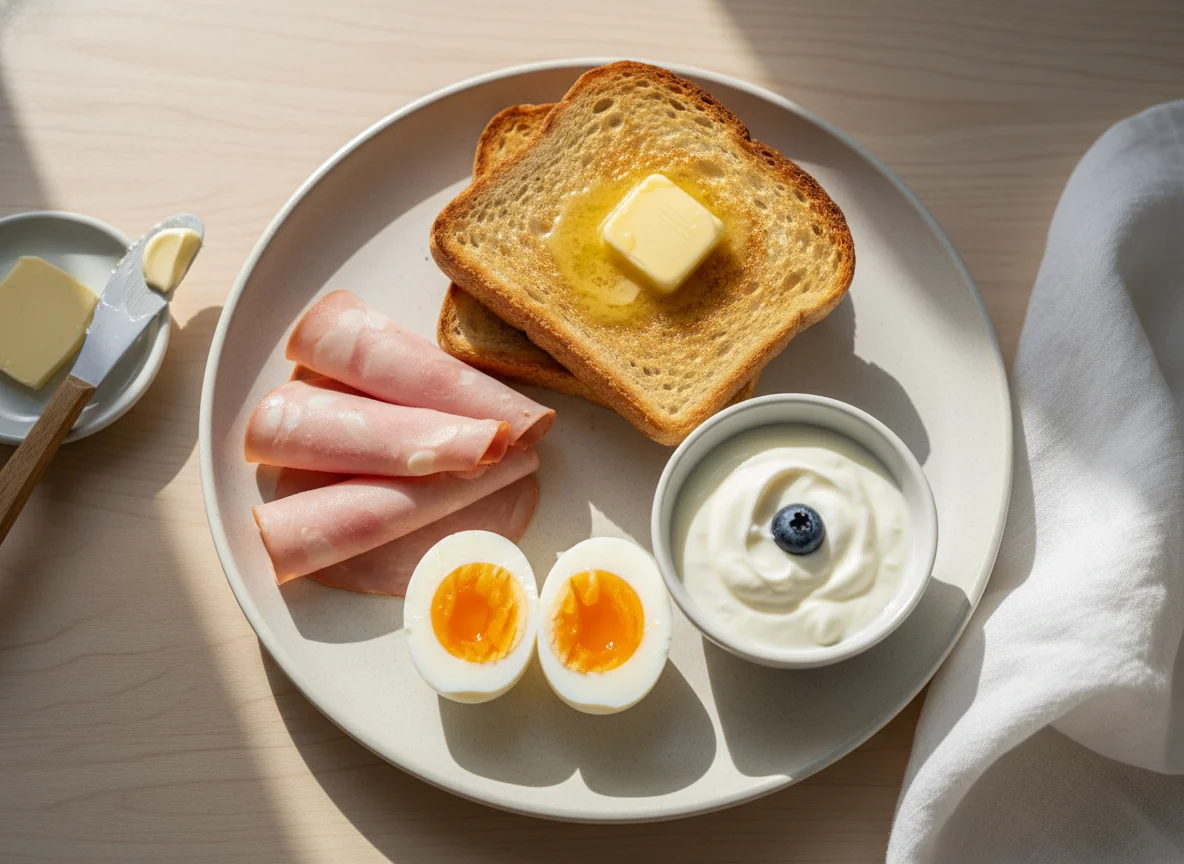 Breakfast plate with eggs, toast, ham, butter, and yogurt photo