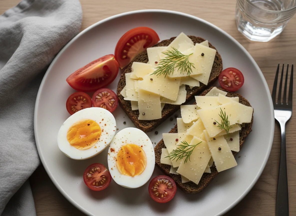 Breakfast plate with eggs, tomatoes, and cheese on bread photo