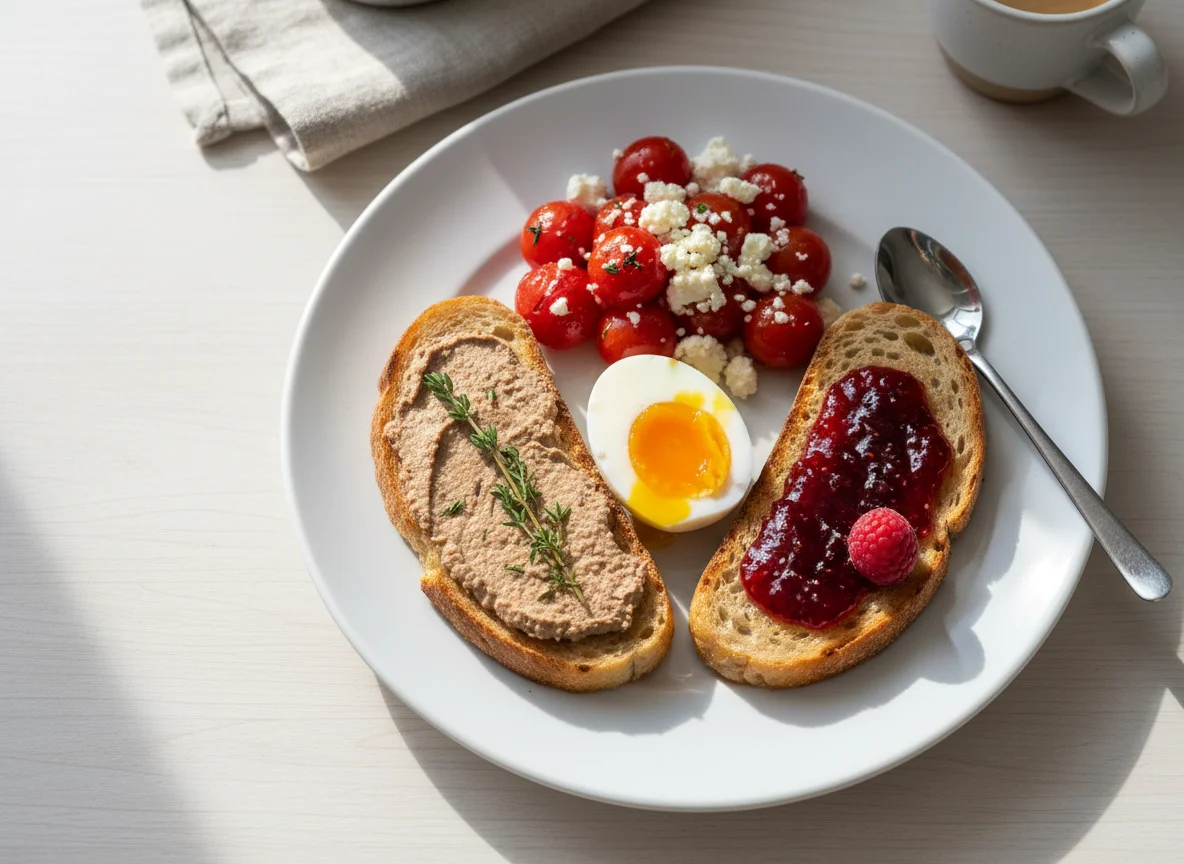 Breakfast plate with eggs, tomatoes, cheese, and toast with pate and jam photo
