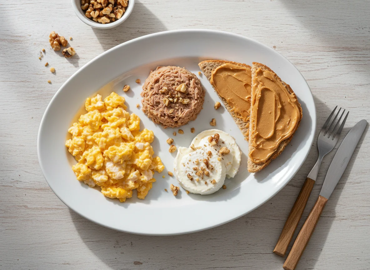 Breakfast Plate with Eggs, Tuna, Nuts, and Toast photo