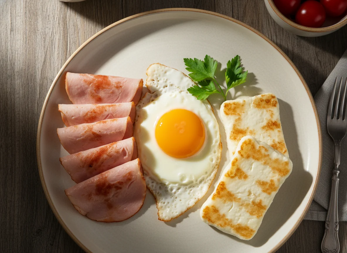 Breakfast Plate with Eggs, Turkey Ham, and Cheese photo