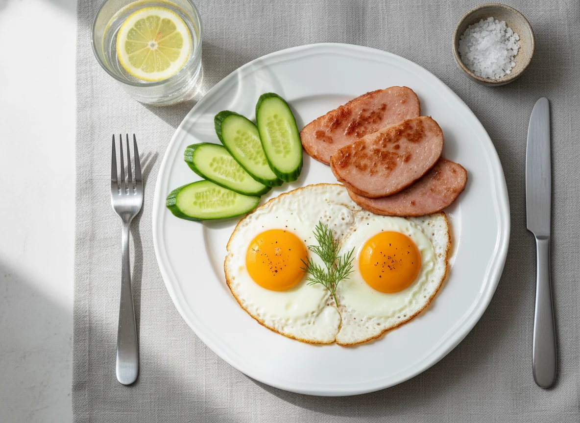 Breakfast Plate with Eggs, Turkey Ham, and Cucumber photo
