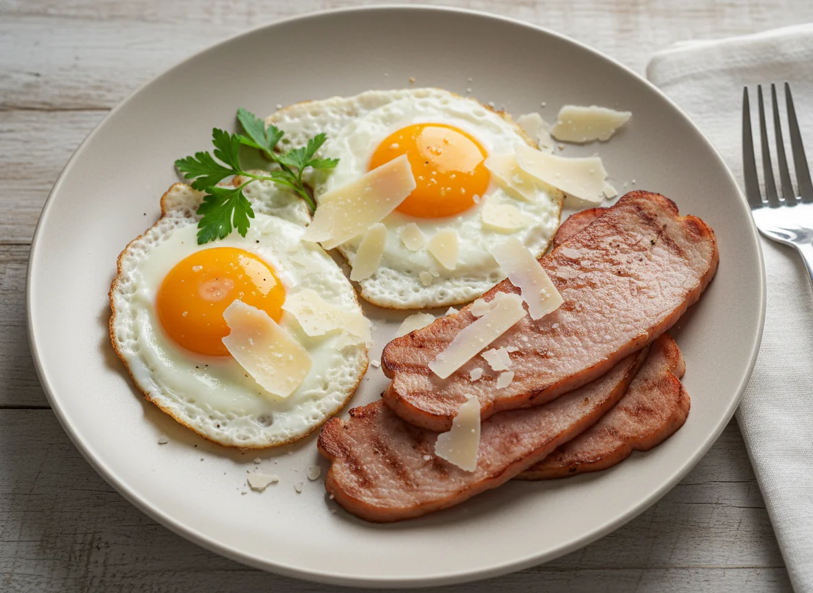 Breakfast Plate with Eggs, Turkey Ham, and Parmesan photo