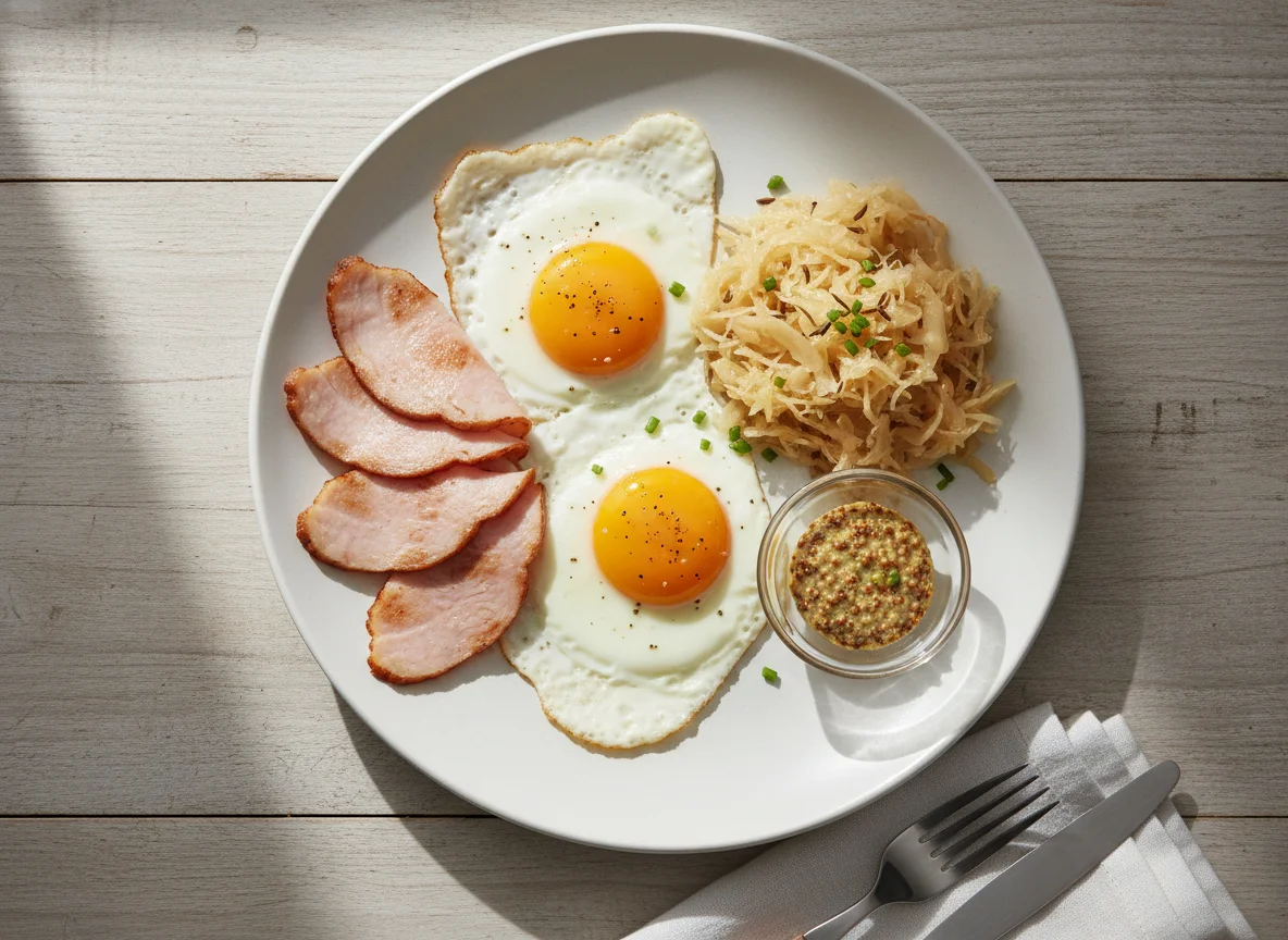 Breakfast Plate with Eggs, Turkey Ham, and Sauerkraut photo