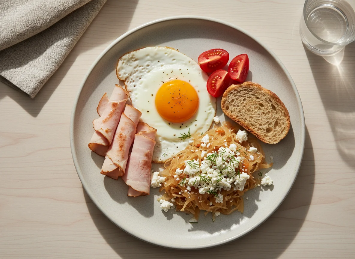 Breakfast Plate with Eggs, Turkey Ham, Feta, and Sauerkraut photo
