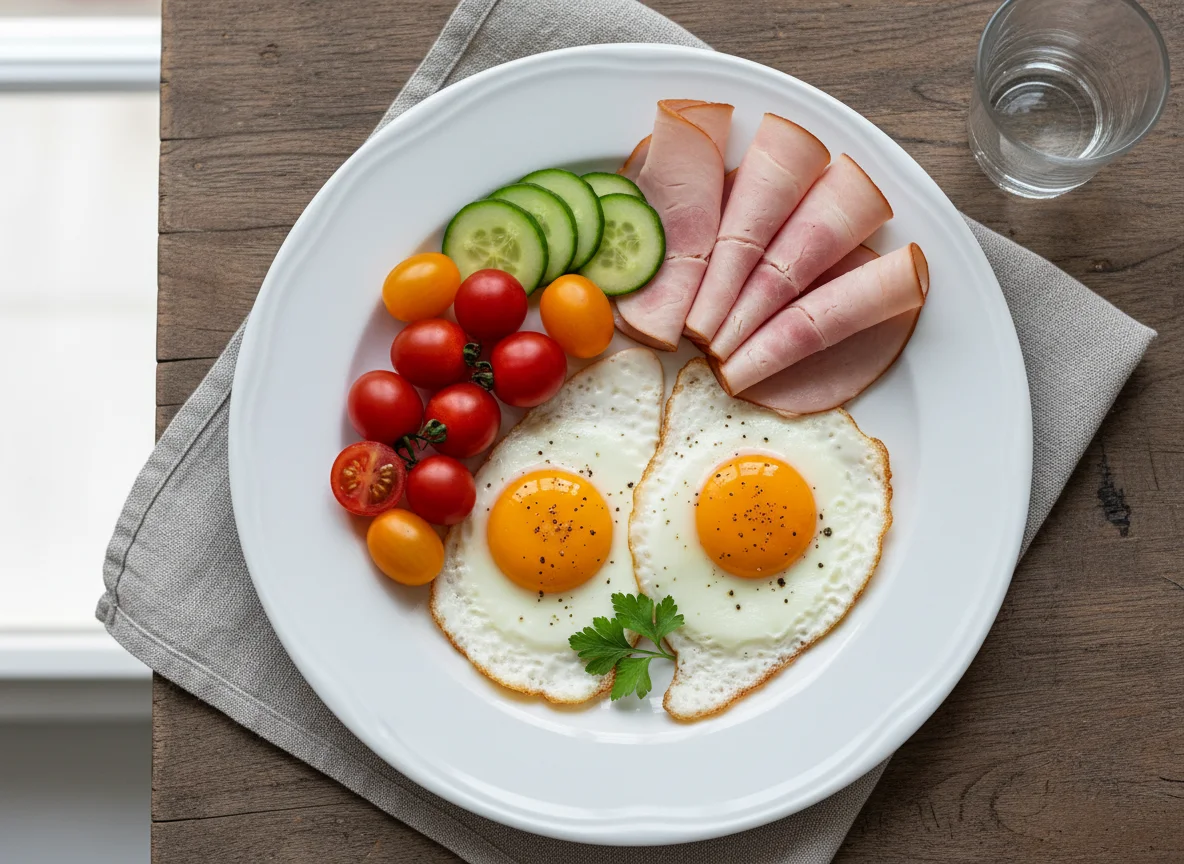 Breakfast Plate with Eggs, Turkey Ham, Tomatoes, and Cucumber photo