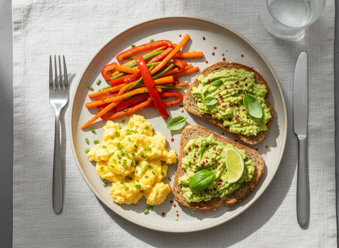 Breakfast plate with eggs, vegetables, and avocado toast photo