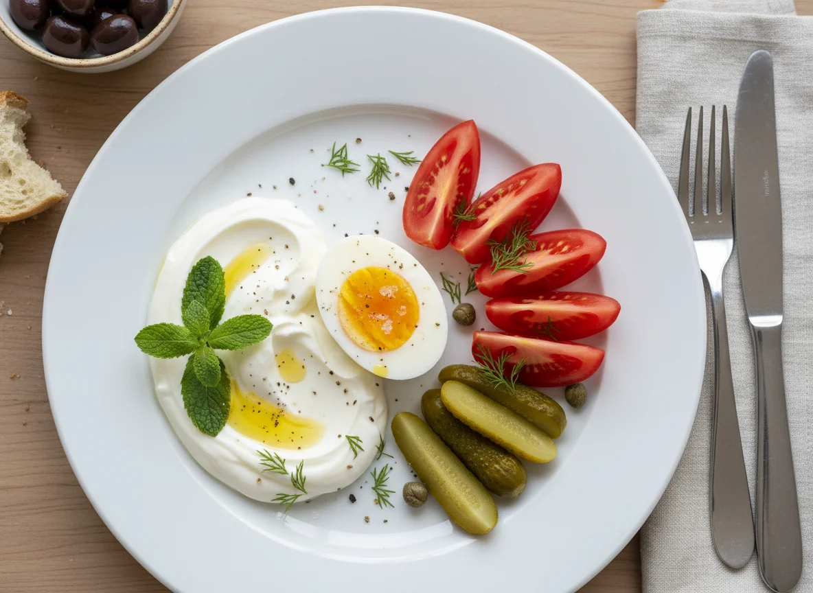 Breakfast Plate with Eggs, Vegetables, and Greek Yogurt photo