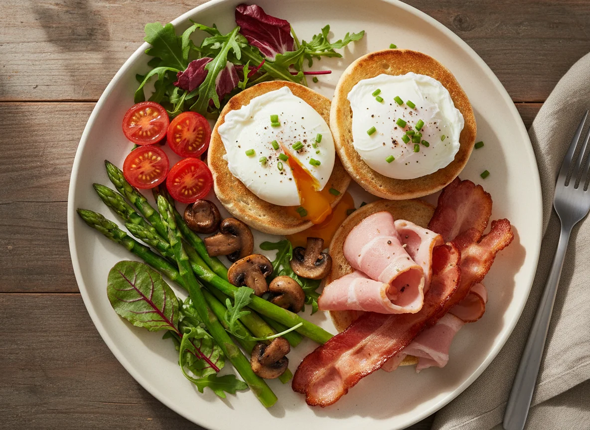 Breakfast Plate with English Muffin and Poached Egg photo