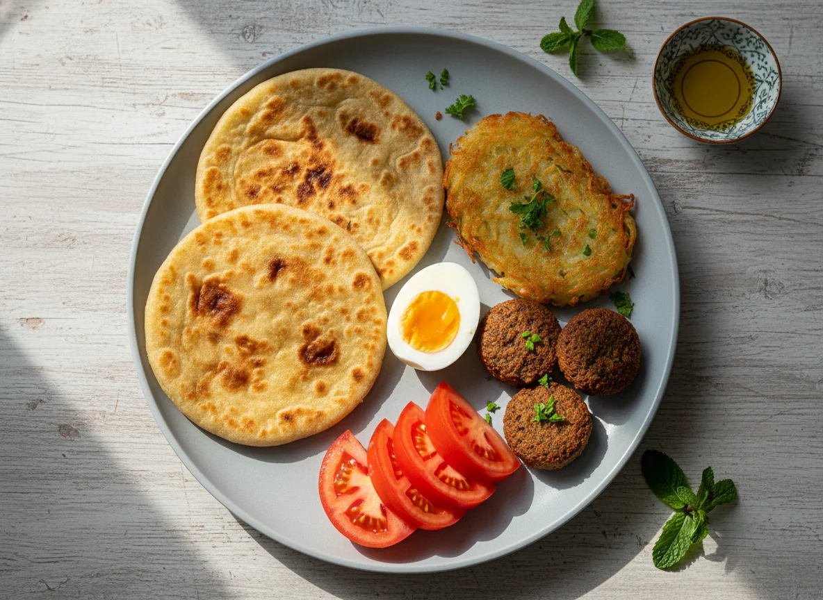 Breakfast plate with flatbread, egg, hash brown, falafel, and tomato photo