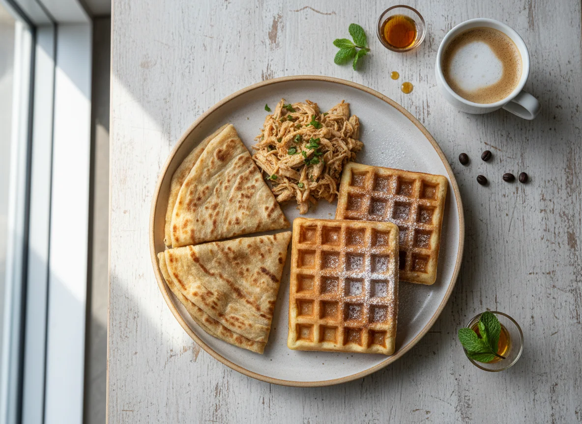 Breakfast plate with flatbread, waffles, chicken, and coffee photo