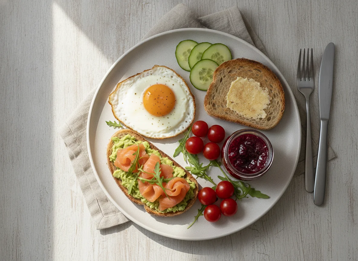 Breakfast plate with fried egg, avocado toast, and vegetables photo