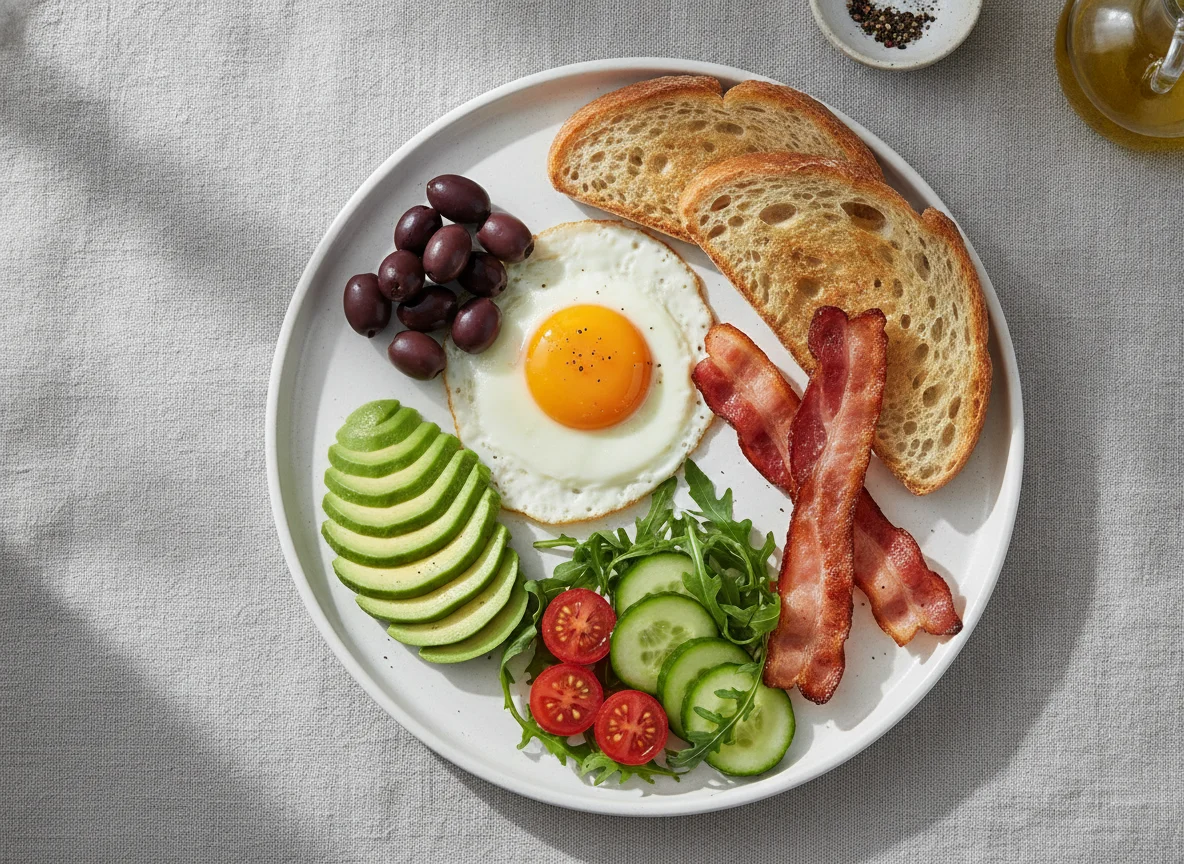 Breakfast plate with fried egg, bacon, and avocado photo