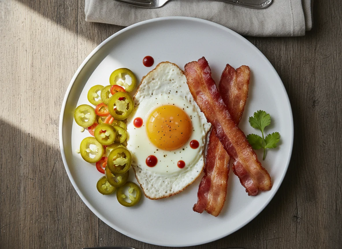 Breakfast plate with fried egg, bacon, and jalapeños photo