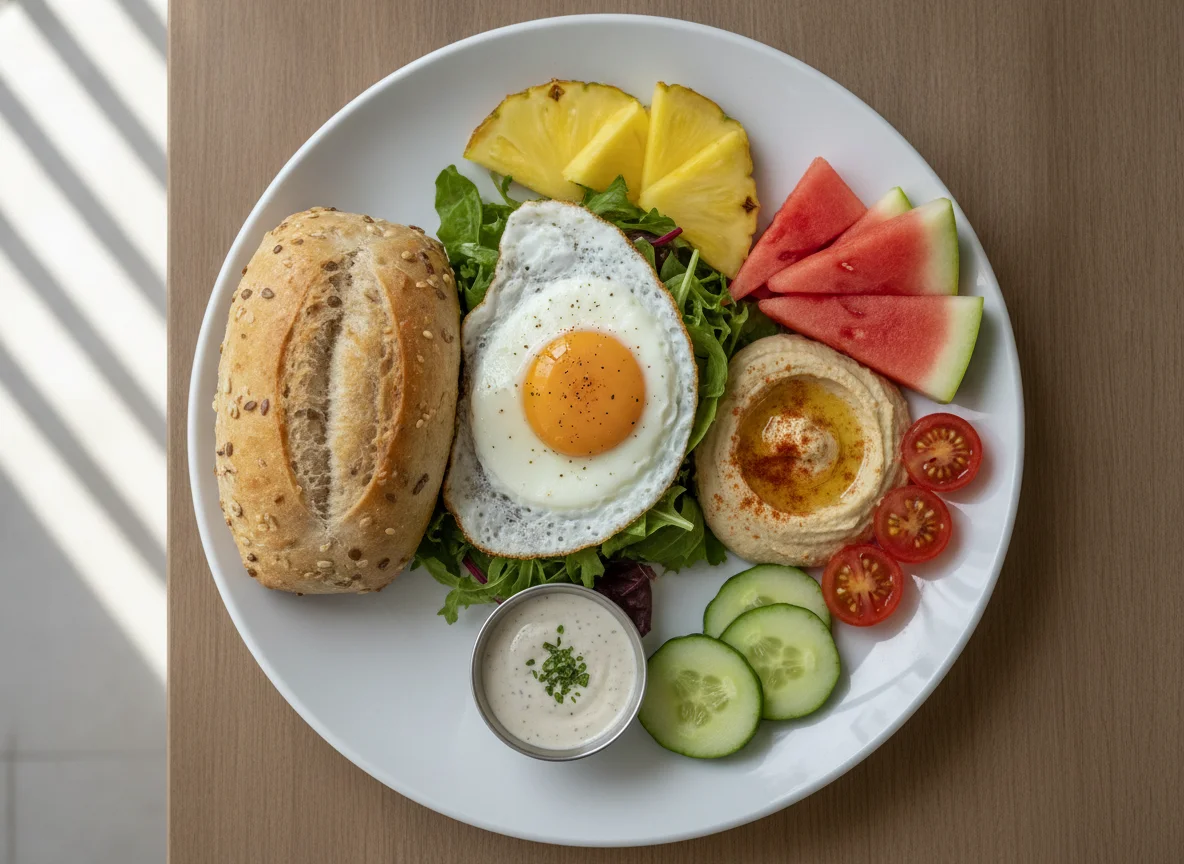 Breakfast plate with fried egg, bread roll, and fruit photo