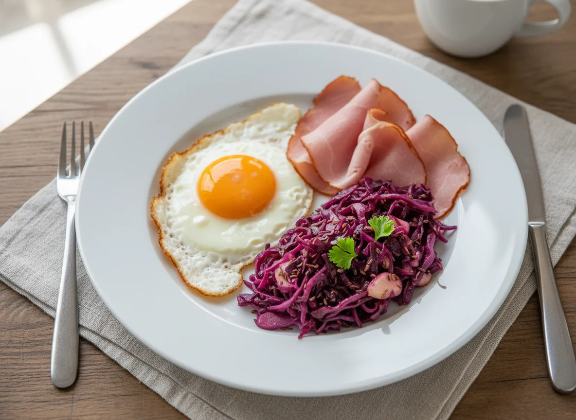 Breakfast Plate with Fried Egg, Ham, and Cabbage Salad photo