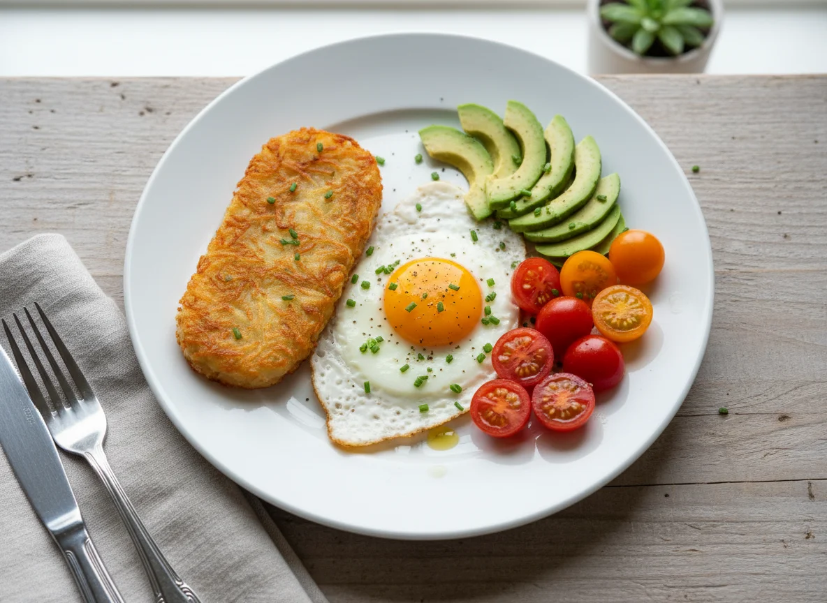 Breakfast Plate with Fried Egg, Hash Browns, Avocado, and Tomatoes photo