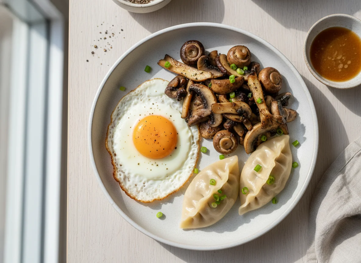Breakfast Plate with Fried Egg, Mushrooms, and Dumpling photo