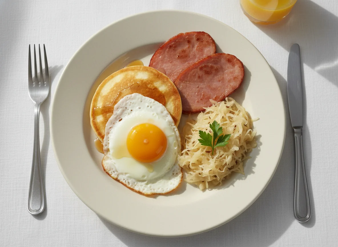 Breakfast Plate with Fried Egg, Pancake, Ham, and Sauerkraut photo