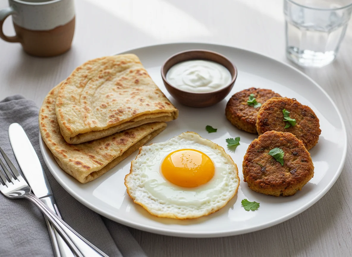 Breakfast Plate with Fried Egg, Paratha, and Fried Patties photo
