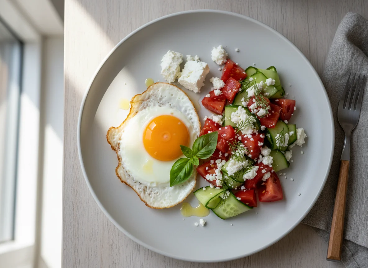 Breakfast plate with fried egg, vegetables, and cheese photo