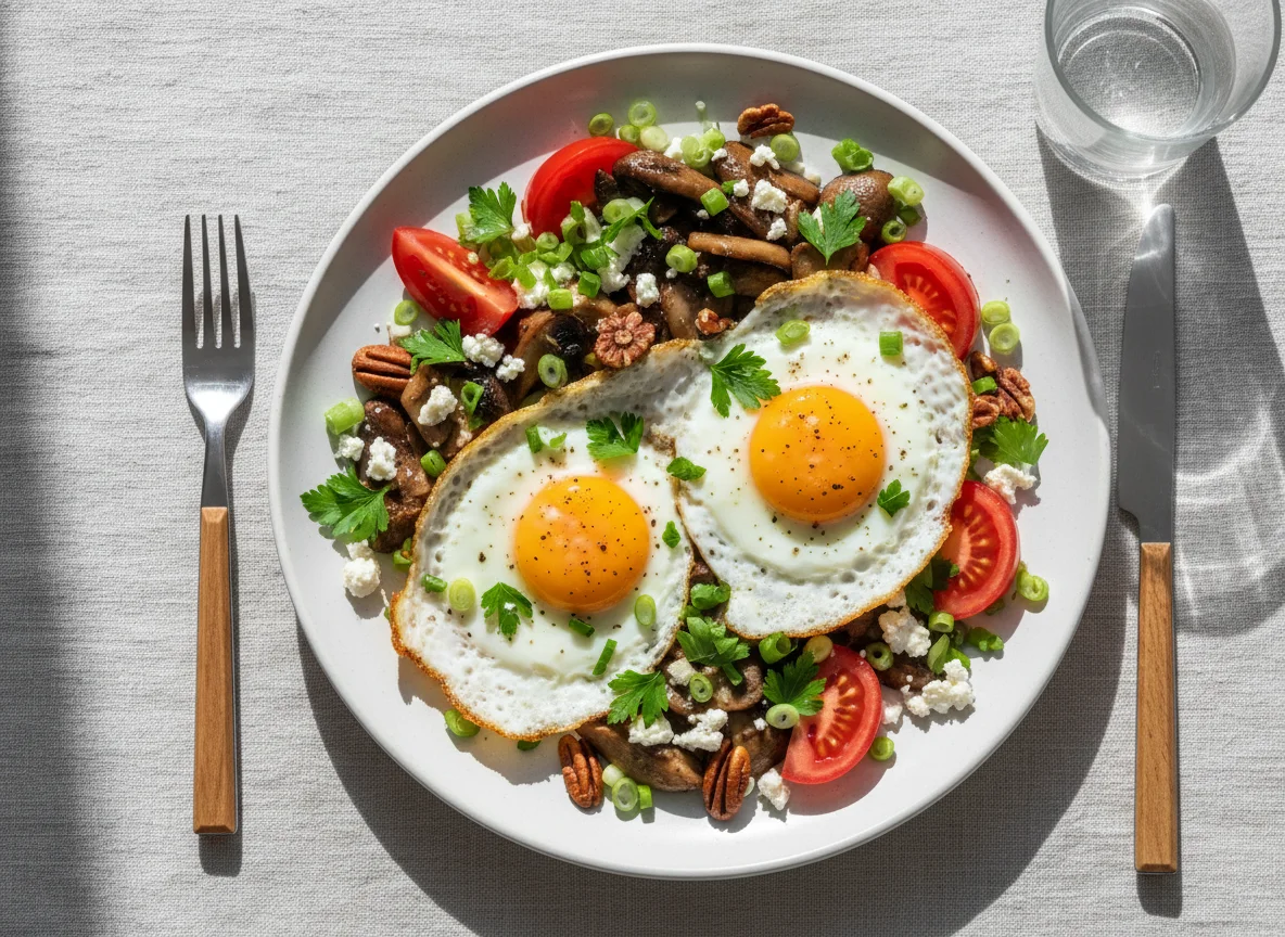 Breakfast plate with fried eggs and vegetables photo