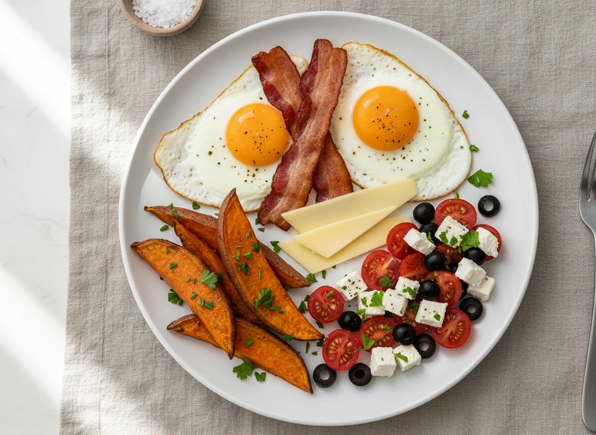 Breakfast Plate with Fried Eggs, Bacon, and Vegetables photo