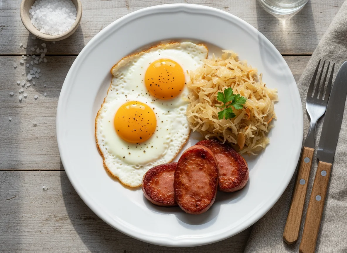 Breakfast Plate with Fried Eggs, Bologna, and Sauerkraut photo