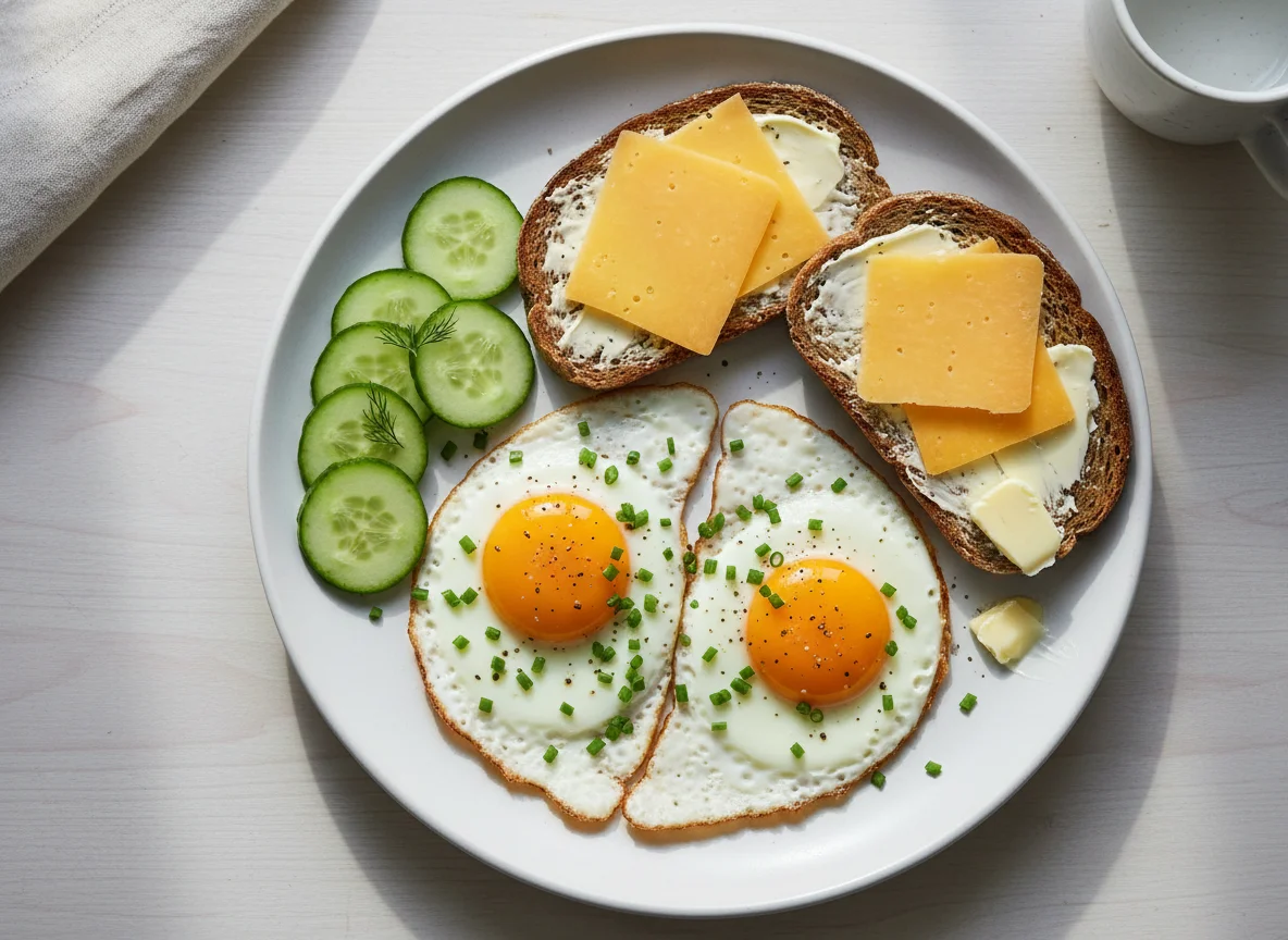Breakfast plate with fried eggs, cheese toast, and cucumber photo
